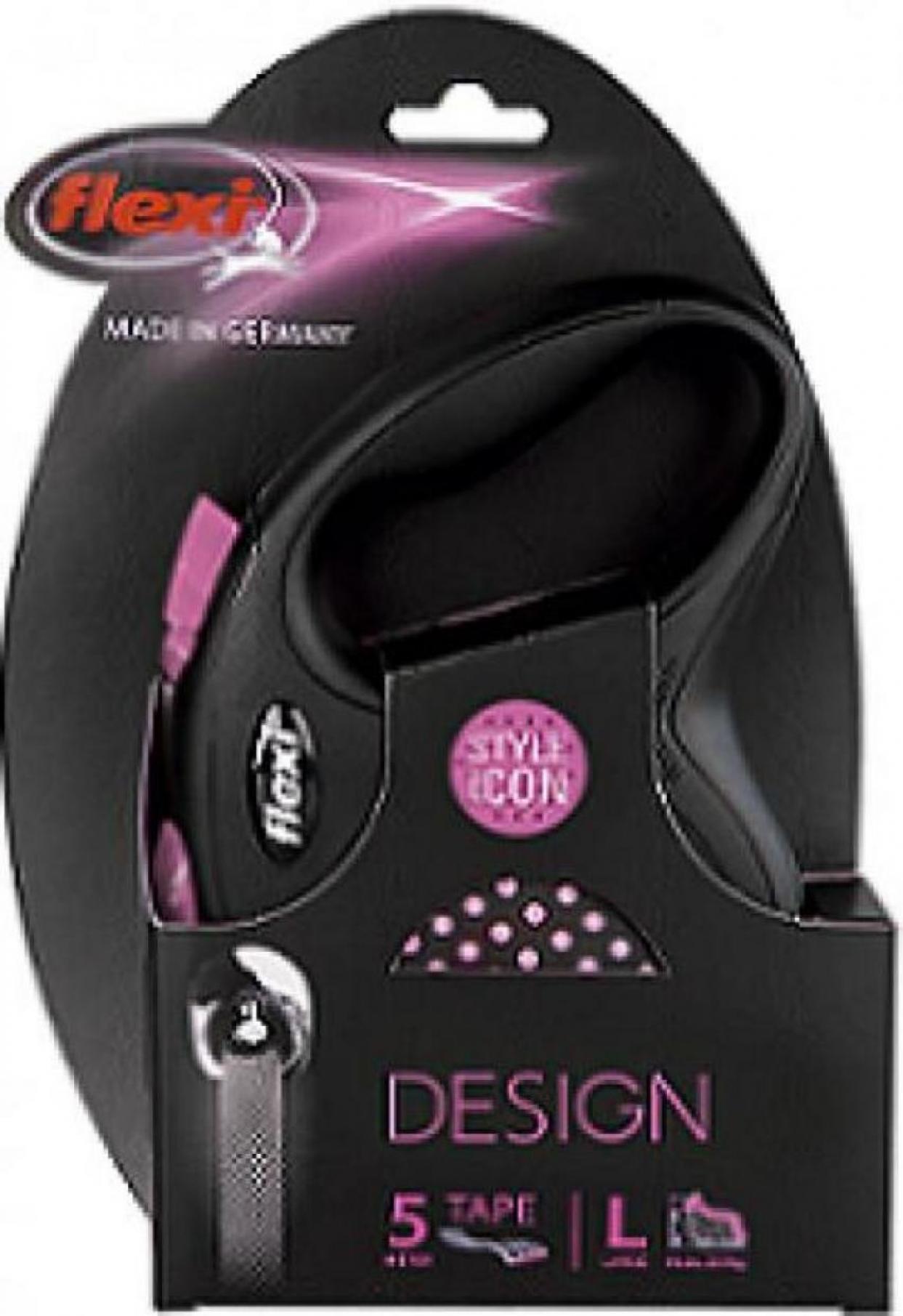Flexi Design рулетка-ремень L (до 50кг), черный/розовый горох