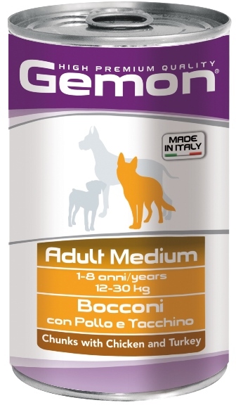 Gemon влажный корм для взрослых собак средних пород, кусочки курицы и индейки 1,250 кг