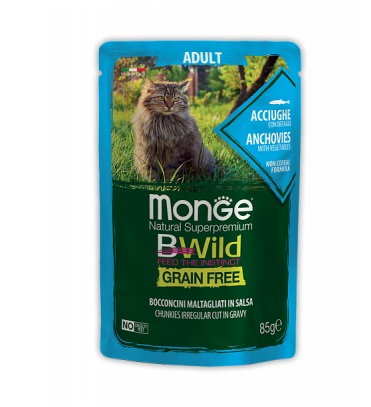 Monge Cat BWild Grain Free влажный корм для взрослых кошек, беззерновой, анчоусы с овощами 85 гр
