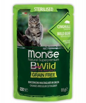 Monge Cat BWild Grain Free влажный корм для стерилизованных кошек, беззерновой, мясо дикого кабана 85 гр
