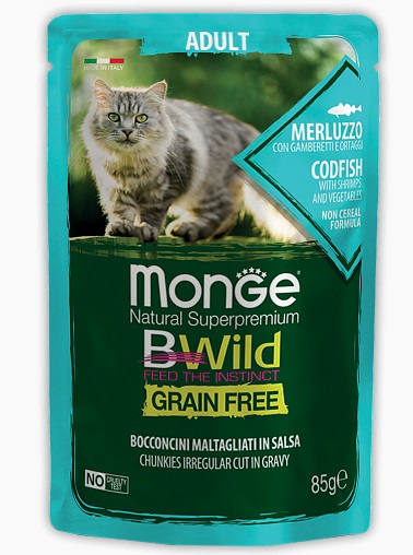 Monge Cat BWild Grain Free влажный корм для взрослых кошек, беззерновой, треска, креветки и овощи 85 гр