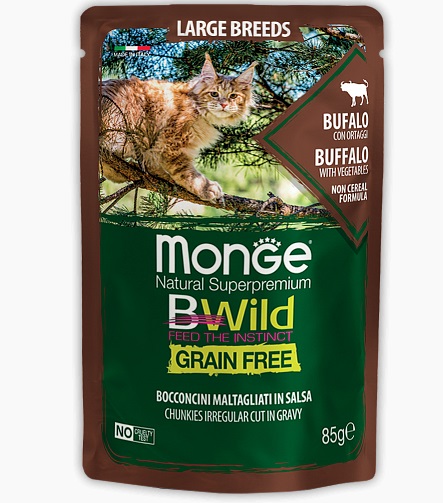 Monge Cat BWild Grain Free влажный корм для кошек крупных пород, беззерновой, мяса буйвола с овощами 85 гр