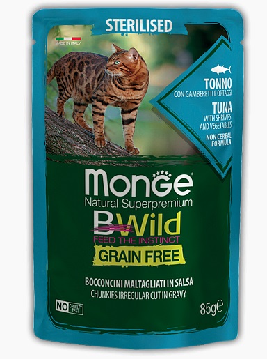 Monge Cat BWild GF влажный корм для стерилизованных кошек, беззерновой, тунец с креветками и овощами 85 гр, 3900100815