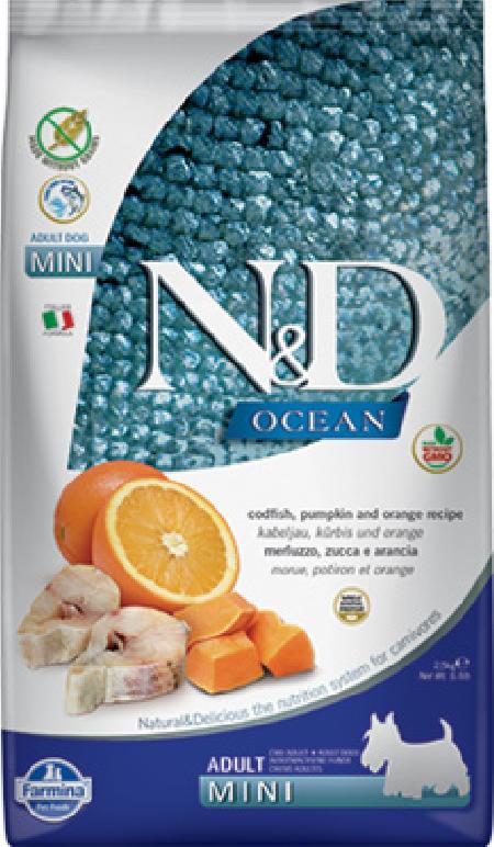 Farmina N&D Ocean корм для взрослых собак малых пород, беззерновой, треска, апельсин и тыква 7 кг