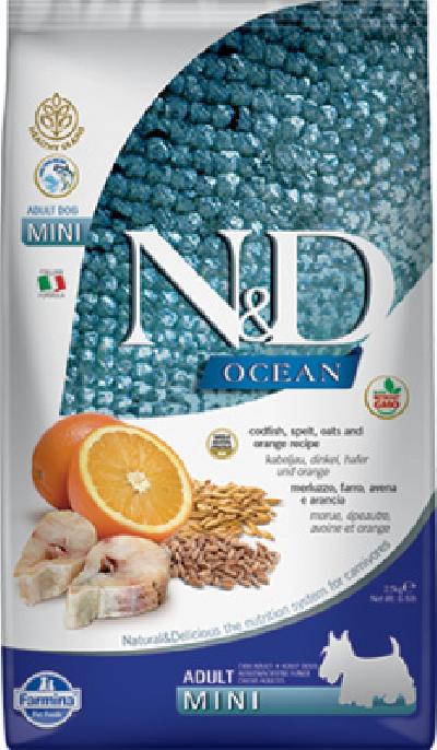 Farmina N&D Ocean корм для взрослых собак малых пород, низкозерновой, треска апельсин 7 кг, 21000100838