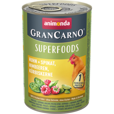 Animonda Консервы для взрослых собак c курицей + шпинат, малина, тыквенные семечки (Gran Carno Superfoods) | Gran Carno Superfoods, 0,4 кг, 49249, 5100100846