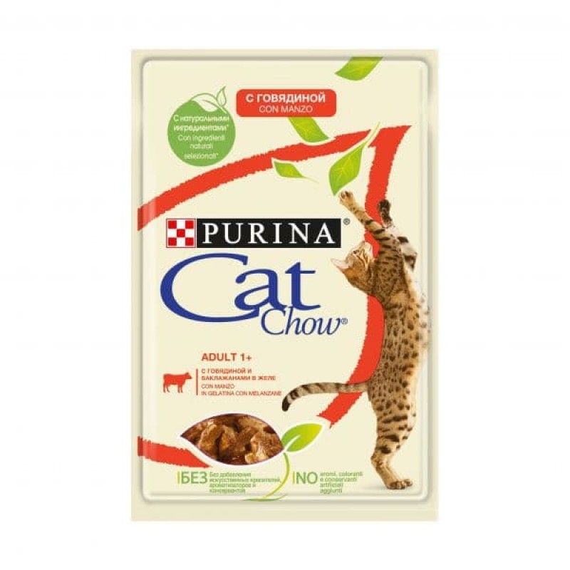 Cat Chow Паучи для кошек Кусочки в желе с говядиной и баклажанами 1234967712481973 | Purina Cat Chow Adult 1+, 0,085 кг, 25408