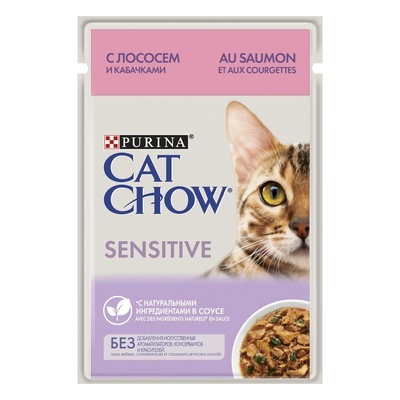 Cat Chow Паучи для кошек с чувствительным пищеварением Кусочки в соусе с лососем и кабачками 1240381412481914, 0,085 кг, 37577