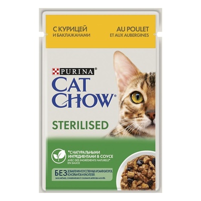 Cat Chow ВВА Паучи для стерилизованных кошек Кусочки в соусе с курицей и баклажанами 1240382212481924, 0,085 кг, 37578