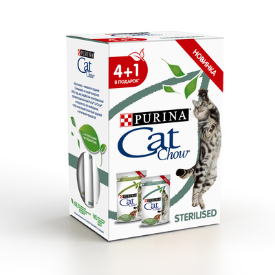 Cat Chow ВИА Набор 4+1 Паучи для стерилизованных кошек Кусочки в соусе с ягненком 12439919, 0,425 кг, 2600100850