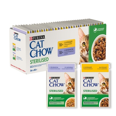 Cat Chow Мультипак Паучи для кастрированных кошек 36шт (курица, ягненок в соусе) 12486549, 3,06 кг , 2800100850