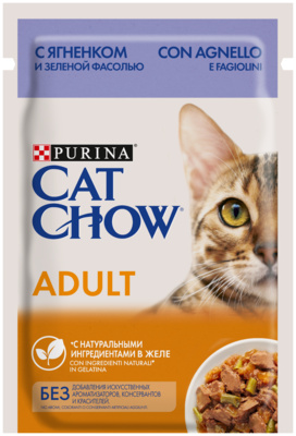 Cat Chow ВВА Паучи для кошек Кусочки в желе с ягненком и зеленой фасолью 1234976912481966 | Purina Cat Chow Adult 1+, 0,085 кг 