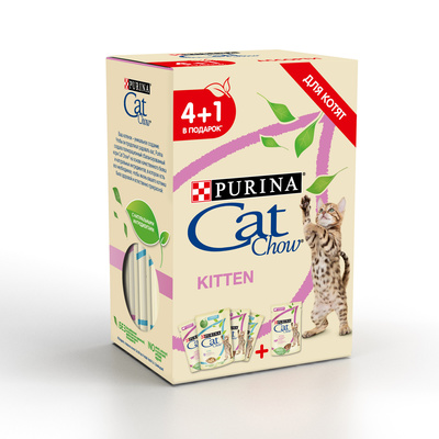 Cat Chow Набор 4+1 Паучи для котят кусочки в желе с ягненком, индейкой 12477173, 0,425 кг, 3000100850