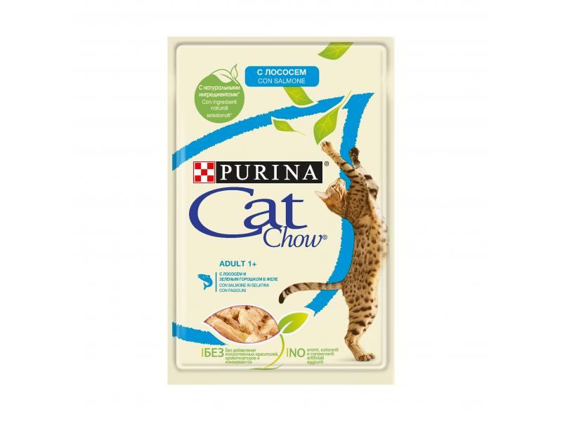 Cat Chow ВВА Паучи для кошек Кусочки в желе с лососем и зеленой фасолью 1234981112481972 | Purina Cat Chow Adult 1+ 0,085 кг 25411