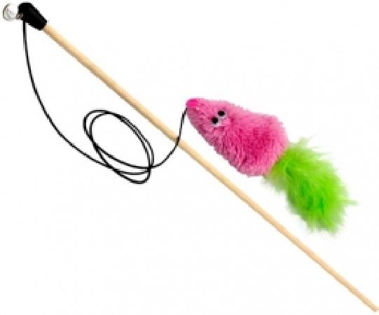            Махалка Мышь с мятой розовый мех с хвостом перо на веревке GoSi этикетка флажок