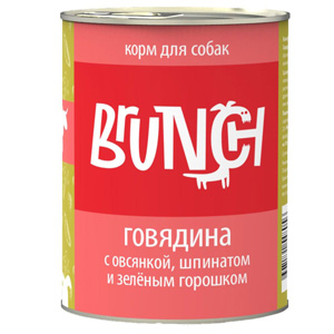Brunch влажный корм для собак всех пород, говядина с овсянкой, шпинатом и зеленым горошком 340 гр