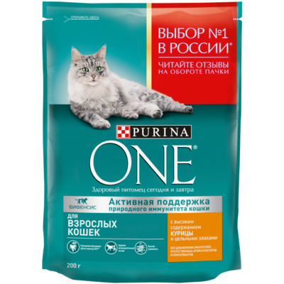 Purina One Сухой корм для взрослых кошек с курицей и злаками 1235313612397533 0,200 кг 37490