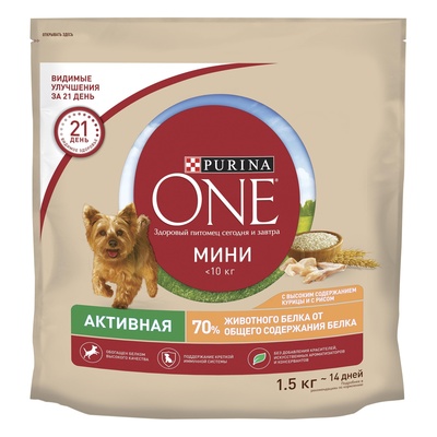 Purina One Сухой корм для активных собак с курицей и рисом 12363208/12483433, 1,500 кг