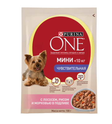 Purina One ВИА см арт 53995 Паучи для взрослых собак малых пород с чувствительным пищеварением с лососем 12373220, 0,100 кг