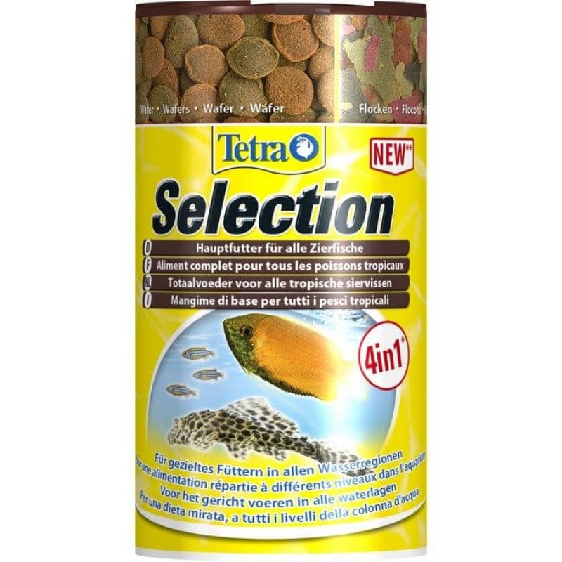 Корм для всех видов рыб Tetra Selection 100 мл, 4 вида основного корма в упаковке: хлопья, чипсы, гранулы, вафер микс