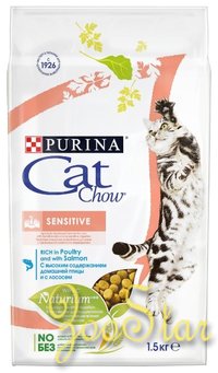Cat Chow Сухой корм для кошек с лососем и рисом - для пищеварения (Sensitive) - 12123733, 1,5 кг 
