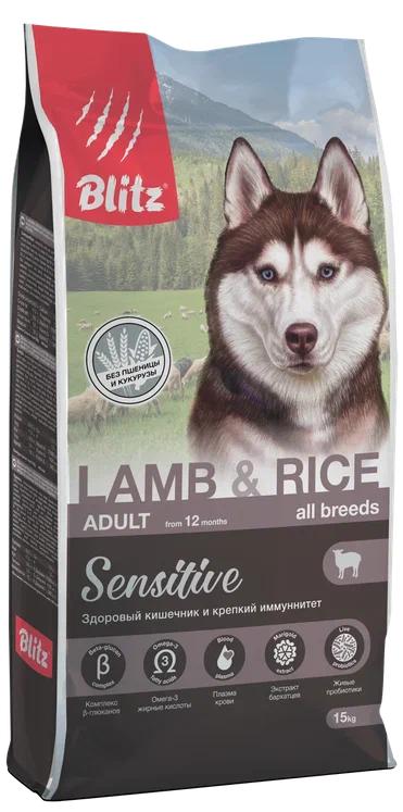 БЛИТЦ корм длЯ собак  Ягненокрис ADULT LAMB&RICE 1,8 кг NEW, BDD06-4-01800
