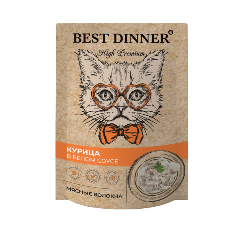 Best Dinner Паучи для взрослых кошек Мясные волокна Курица в белом соусе 7434 0,085 кг 64330