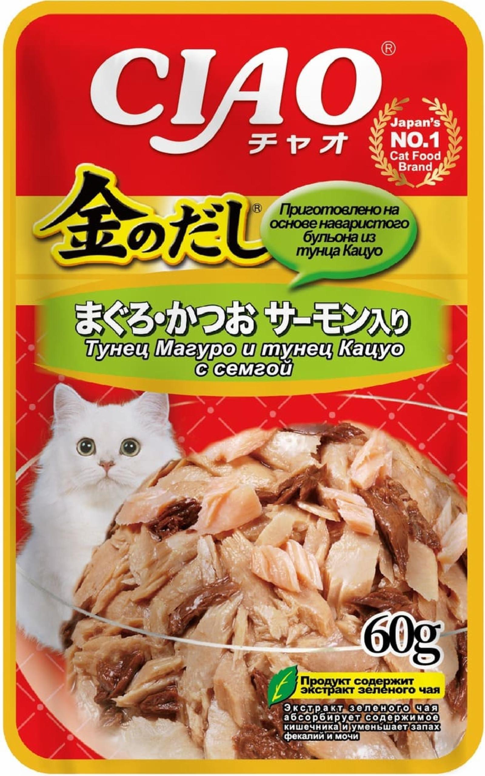 Inaba Паучи KINNODASHI POUCH 60 g для кошек  Тунец Магуро и тунец Кацуо с сёмгой RU205 0.060 кг 65155