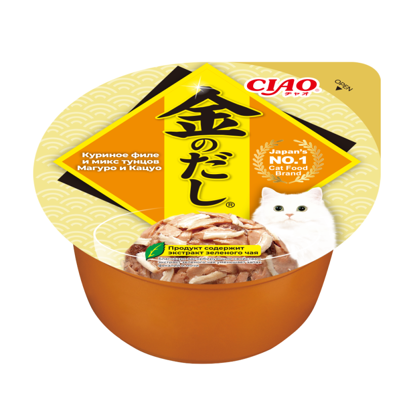 INABA Влаж корм для кошек Kinnodashi cup Куриное филе и микс тунцов Магуро и Кацуо конс. 70г RU802, УТ-064530, 93001001331