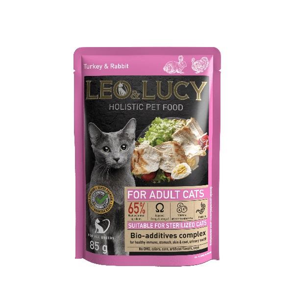 LEO&LUCY Консервированный корм для кошек Кусочки в соусе с индейкой, кроликом и биодобавками, подходит для стерилизованных, 85 г