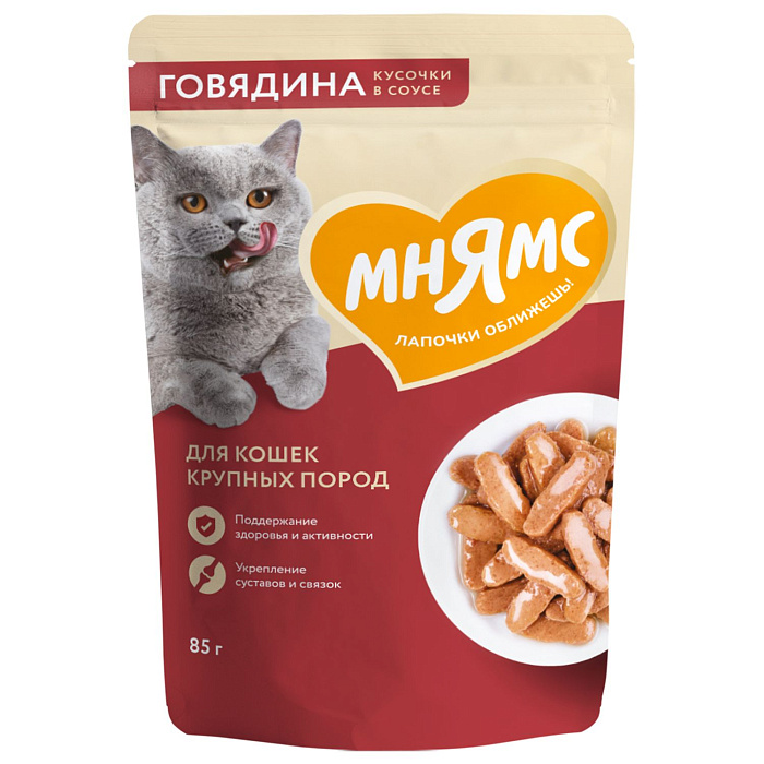             [35876]  Влажный корм Мнямс Кусочки в соусе с говядиной для крупных кошек 85г, 35876
