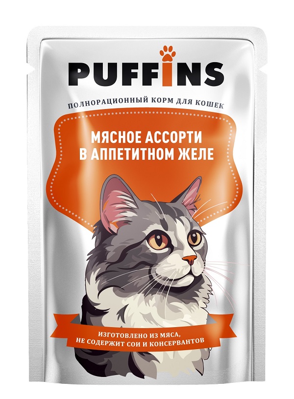  [36024] Puffins консерв. 75г для кошек в ЖЕЛЕ Мясное ассорти пауч 134, 36024 