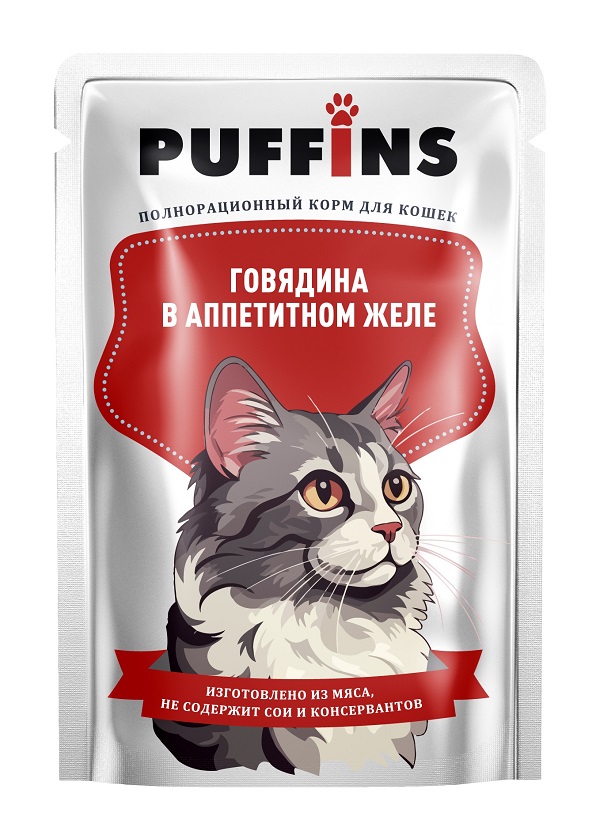  [36023] Puffins консерв. 75г для кошек в ЖЕЛЕ Говядина пауч 134, 36023 