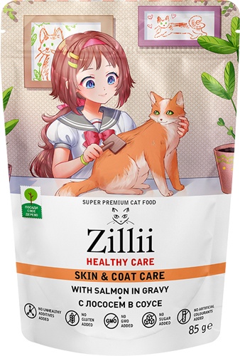 Зилли 5657152 Healthy care Skin & Coat Care пауч дкошек поддержка здоровья кожи и шерсти Лосось в соусе 85г, 98022