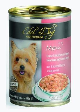 Edel Dog Консервированный корм для собак Нежные кусочки в соусе 3 вида мяса 0,4 кг 37383