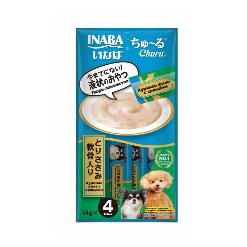 139.3049 INABA ЧАО ЧУРУ 14г*4 пюре куриное филе с хрящами длЯ собак , 139.3049