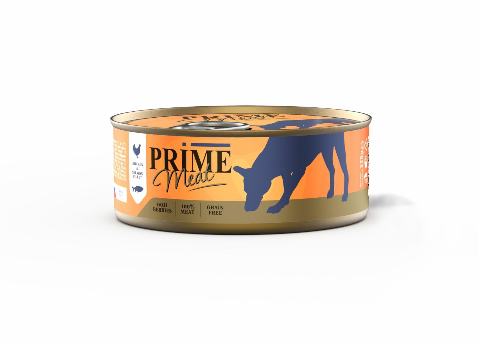 Prime Консервы для собак MEAT Курица с лососем филе в желе 137.4158 0,325 кг 60126
