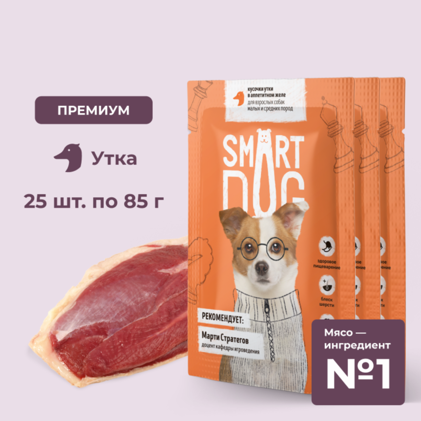Smart Dog паучи Упаковка 25 шт Паучи для взрослых собак малых и средних пород кусочки утки в аппетитном желе 2.125 кг 59983, 34001001339