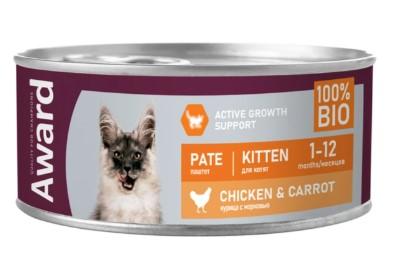 Влажный корм AWARD для котят паштет из курицы с морковью 100г, 2540447