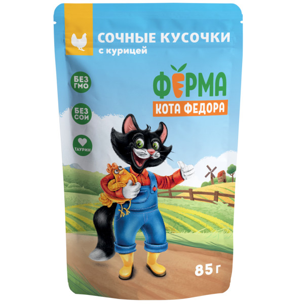 Влажный корм Ферма кота Фёдора сочные кусочки для кошек с курицей 85г, 7176427, 22000100526
