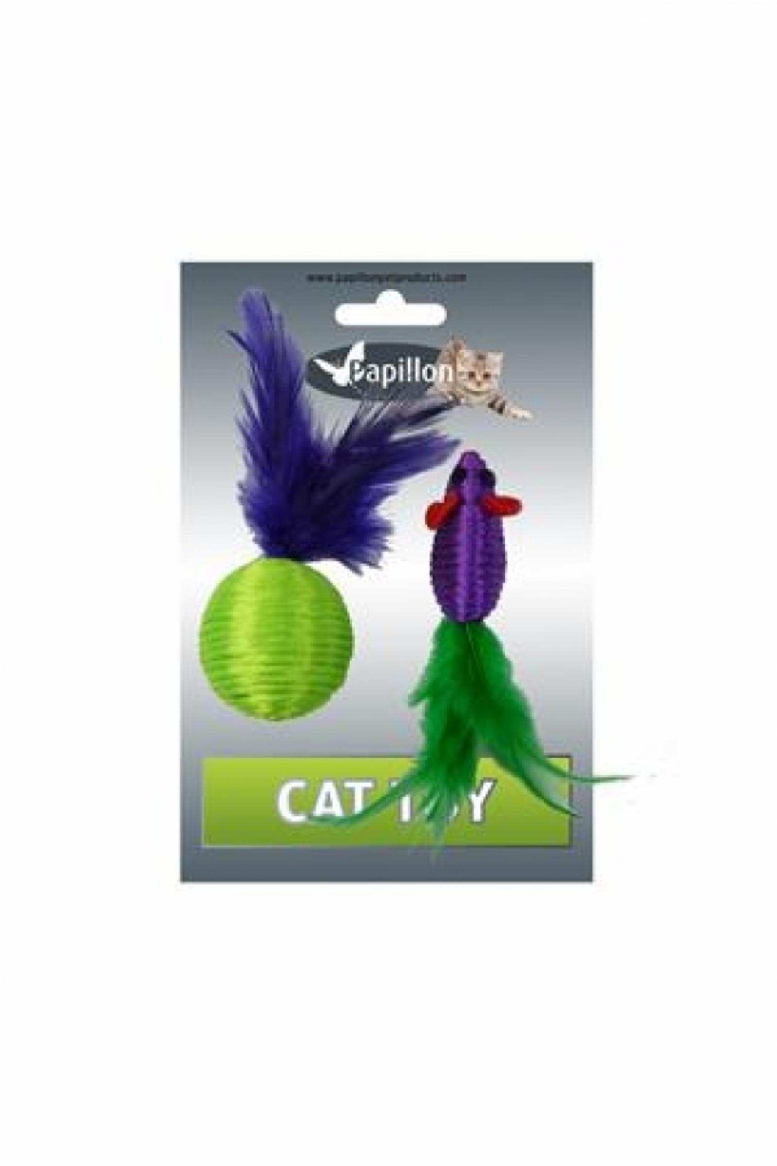 Papillon Игрушка для кошек Мышка и мячик с перьями 5+4см нейлон (Cat toy mouse 5 cm and ball 4 cm with feather on card) 240048 240048 0.016 кг 24271