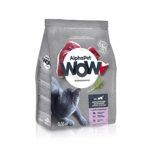 ALPHAPET WOW SUPERPREMIUM 350 гр сухой корм для взрослых домашних кошек и котов с уткой и потрошками 1х14, 82952, 28001001426