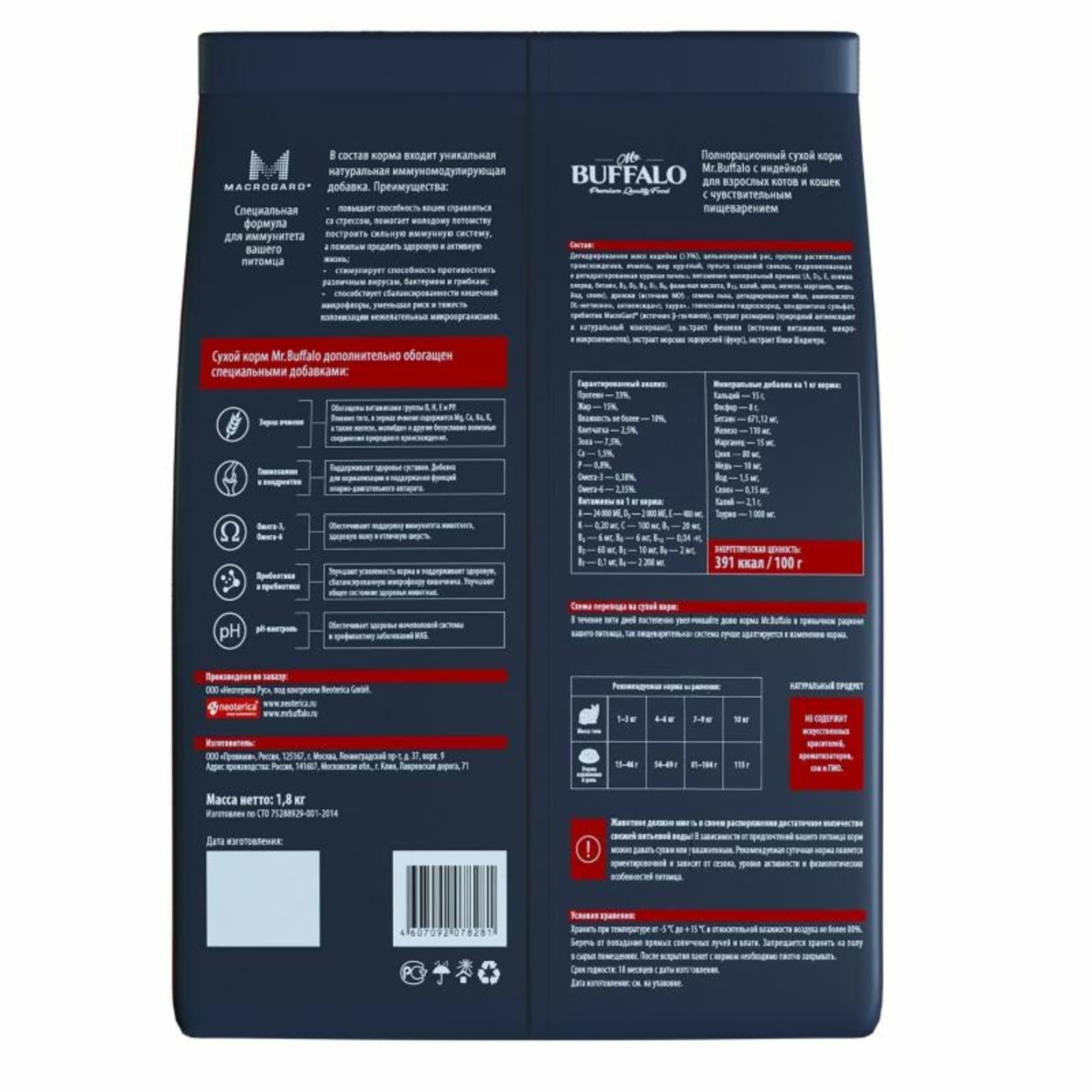 Mr.Buffalo Сухой корм ADULT SENSITIVE с индейкой для взрослых котов и кошек с чувствительным пищеварением 1,8кг B108 1,800 кг 60951, 13001001383