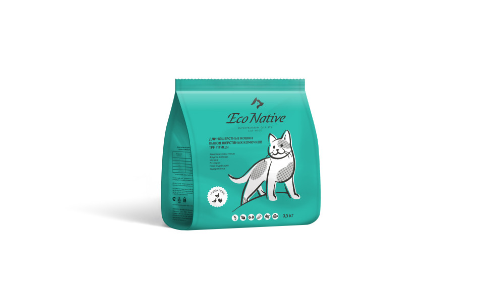 Eco Native сухой корм для длинношерстных кошек ассорти мяса птицы с овощами и клюквой - 500 г, 1001001655