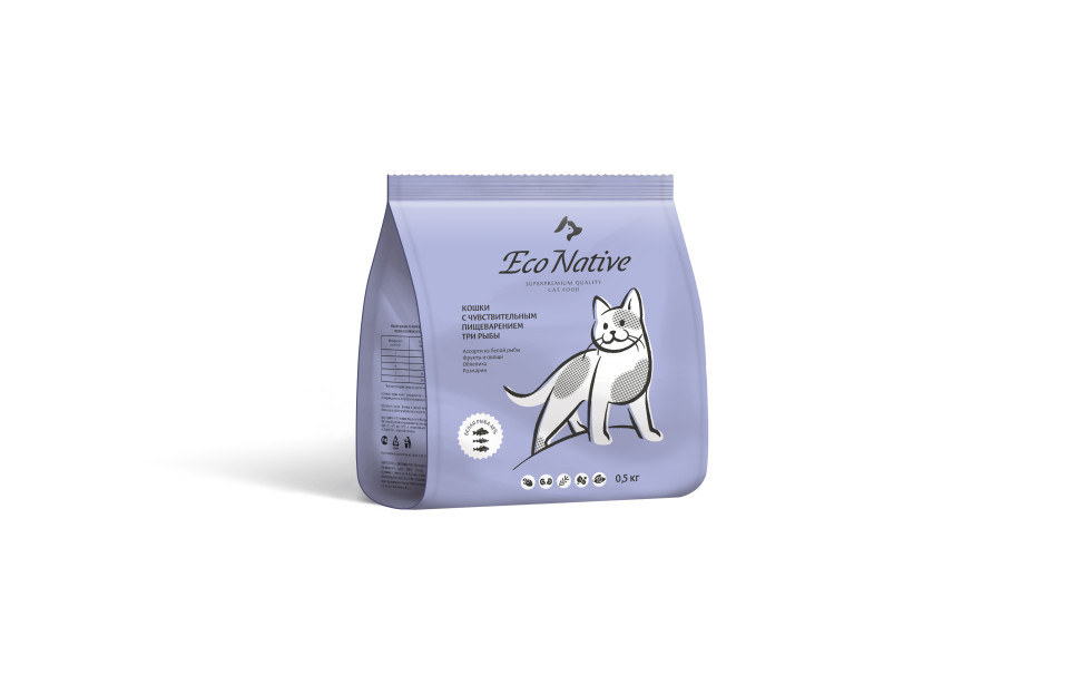 Eco Native сухой корм для взрослых кошек с чувствительным пищеварением ассорти рыбы с овощами и облепихой - 500 г, 3001001655