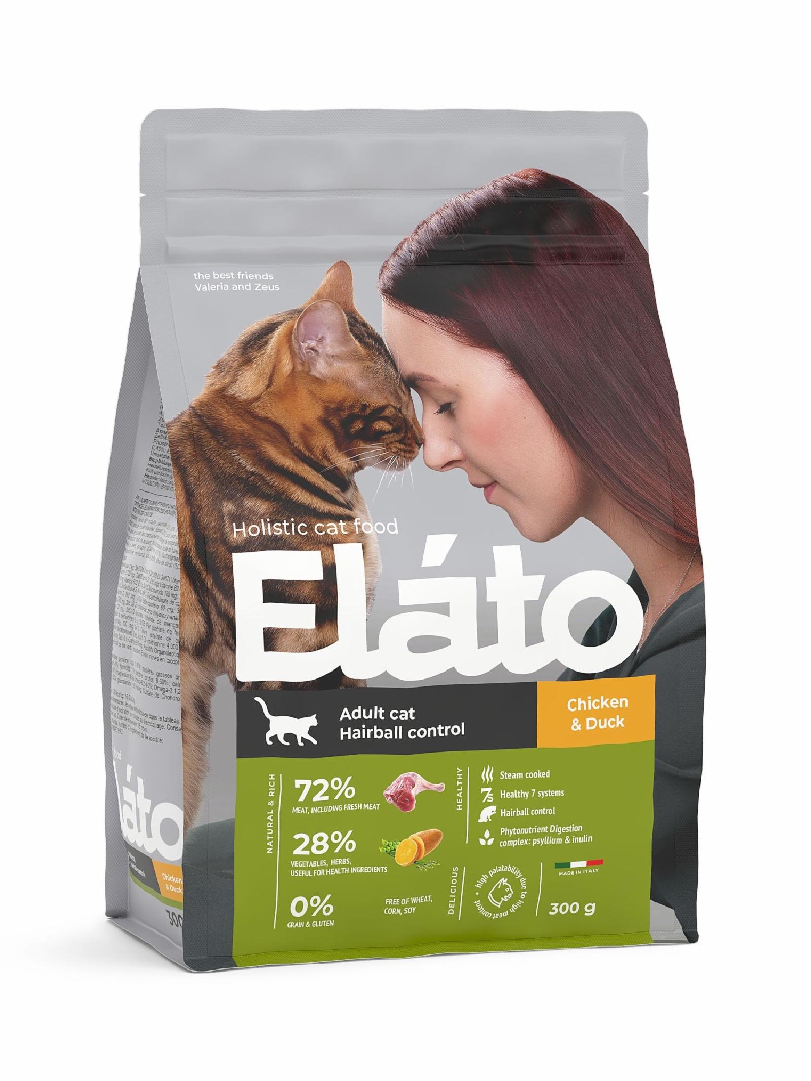 Elato Корм для взрослых кошек с курицей и уткой для выведения шерсти P20272W300 0.300 кг 64255, 6001001454