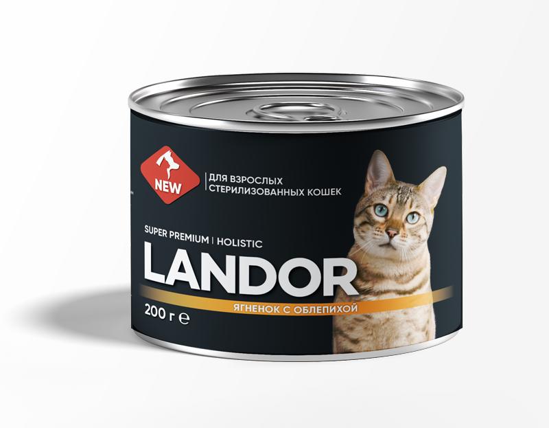 LANDOR Полнорационный влажный корм для стерилизованных кошек ягненок с облепихой 0,2 кг, 22001001500