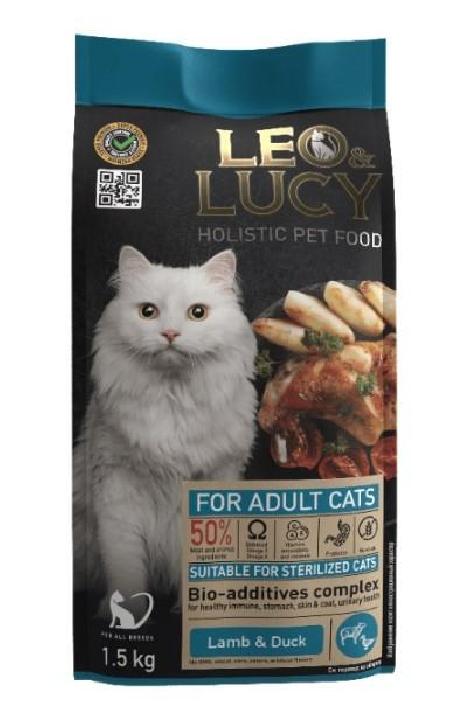 LEO&LUCY Сухой корм для взрослых и стерилизованных кошек с ягненком уткой и биодобавками 1,5 кг