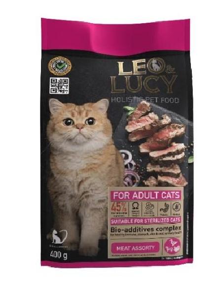 LEO&LUCY Сухой корм для взрослых и стерилизованных кошек мясное ассорти и биодобавками 400 г