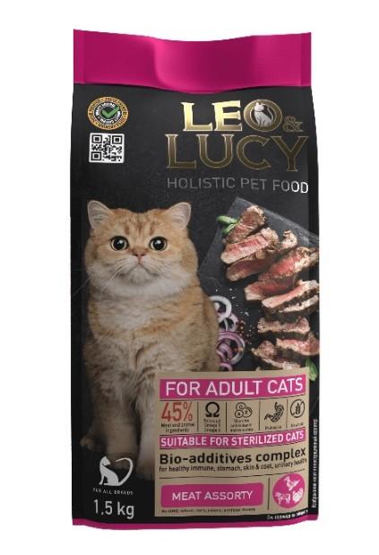 LEO&LUCY Сухой корм для взрослых и стерилизованных кошек мясное ассорти и биодобавками 1,5 кг